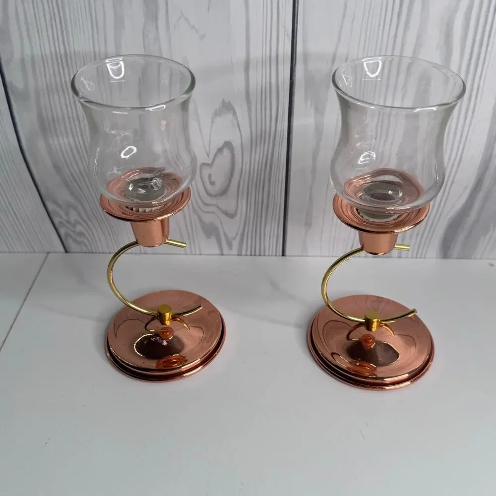 Vintage MCM Copper Candle Holders Pair Coppercraft Curve Pillar/Votive 1970s USA